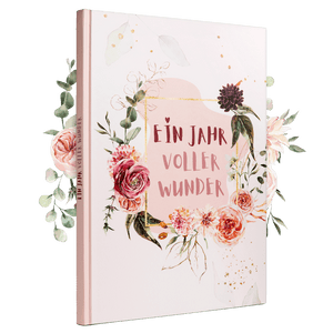 Baby-Erinnerungsalbum 'Ein Jahr voller Wunder' mit floraler Verzierung, ideal zur Dokumentation der ersten Momente im ersten Lebensjahr.