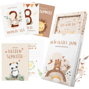 48 liebevoll gestaltete Meilensteinkarten für das erste Lebensjahr, ideal zum Festhalten besonderer Baby-Momente.